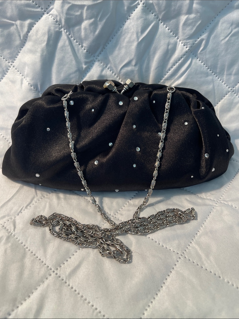 Style & Co. Black Embellished Satin Evening Clutch with Removable Silver Chain